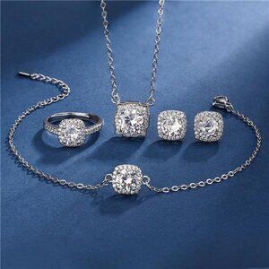 4 Piece Wedding Jewelry Set for Bride Bridesmaid Cubic Zirconia Silver Fashion